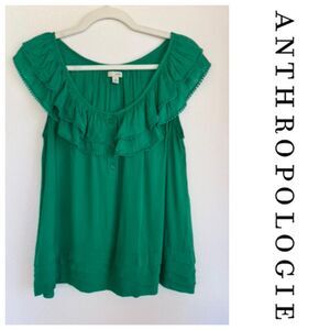 Anthropologie Odille Ruffle Neck Pom Pom Trim Tiered Hem Blouse in Kelly Green 4